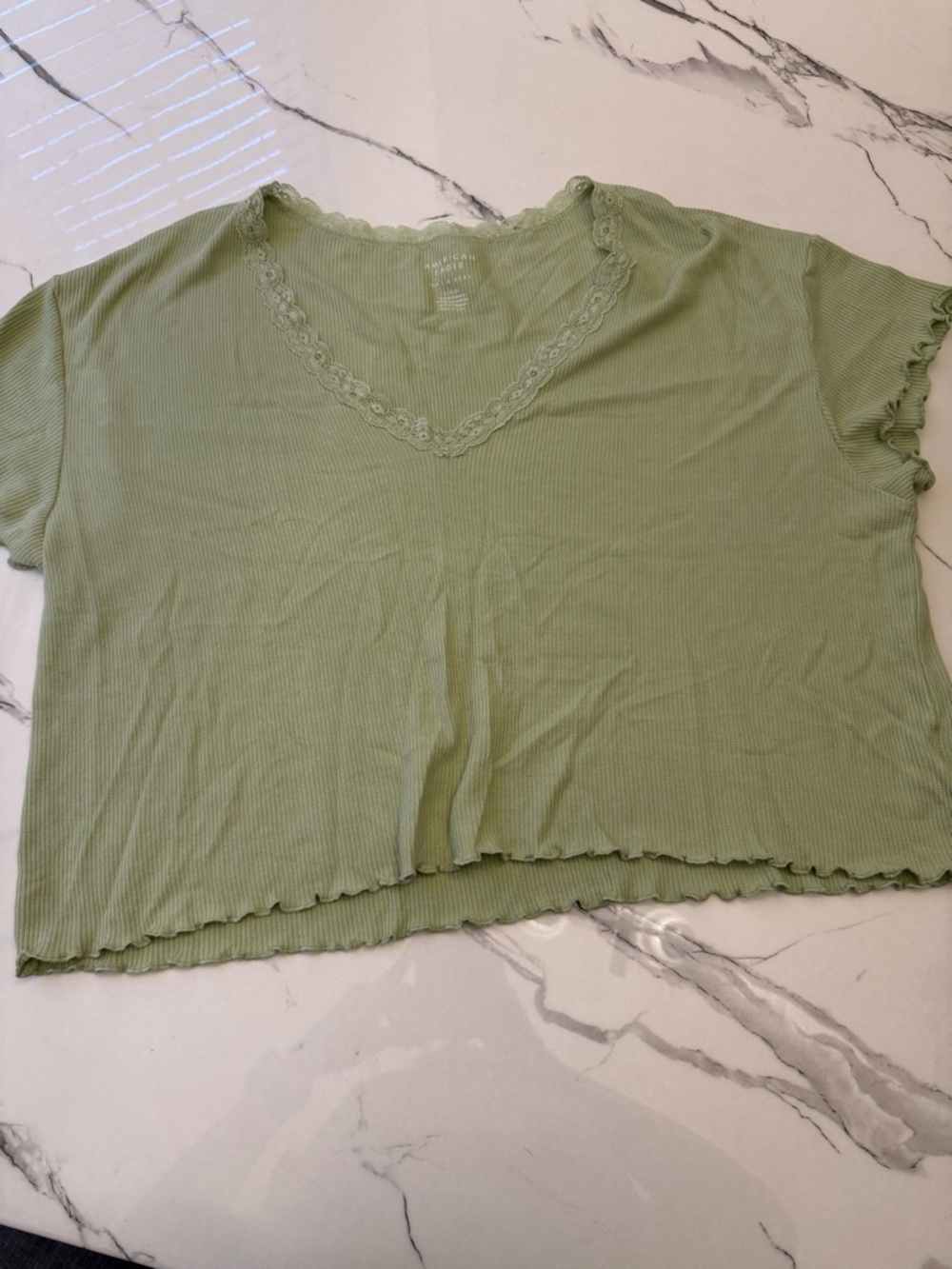 American Eagle Outfitters Lace-Trim Ribbed V-Neck Crop Top - Sage Green
